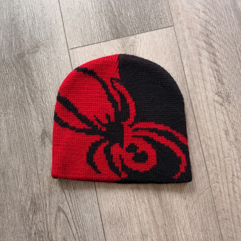 Red Black Spider Knit Beanie Hat Graphic Skate Y2K Adult One Size Acrylic